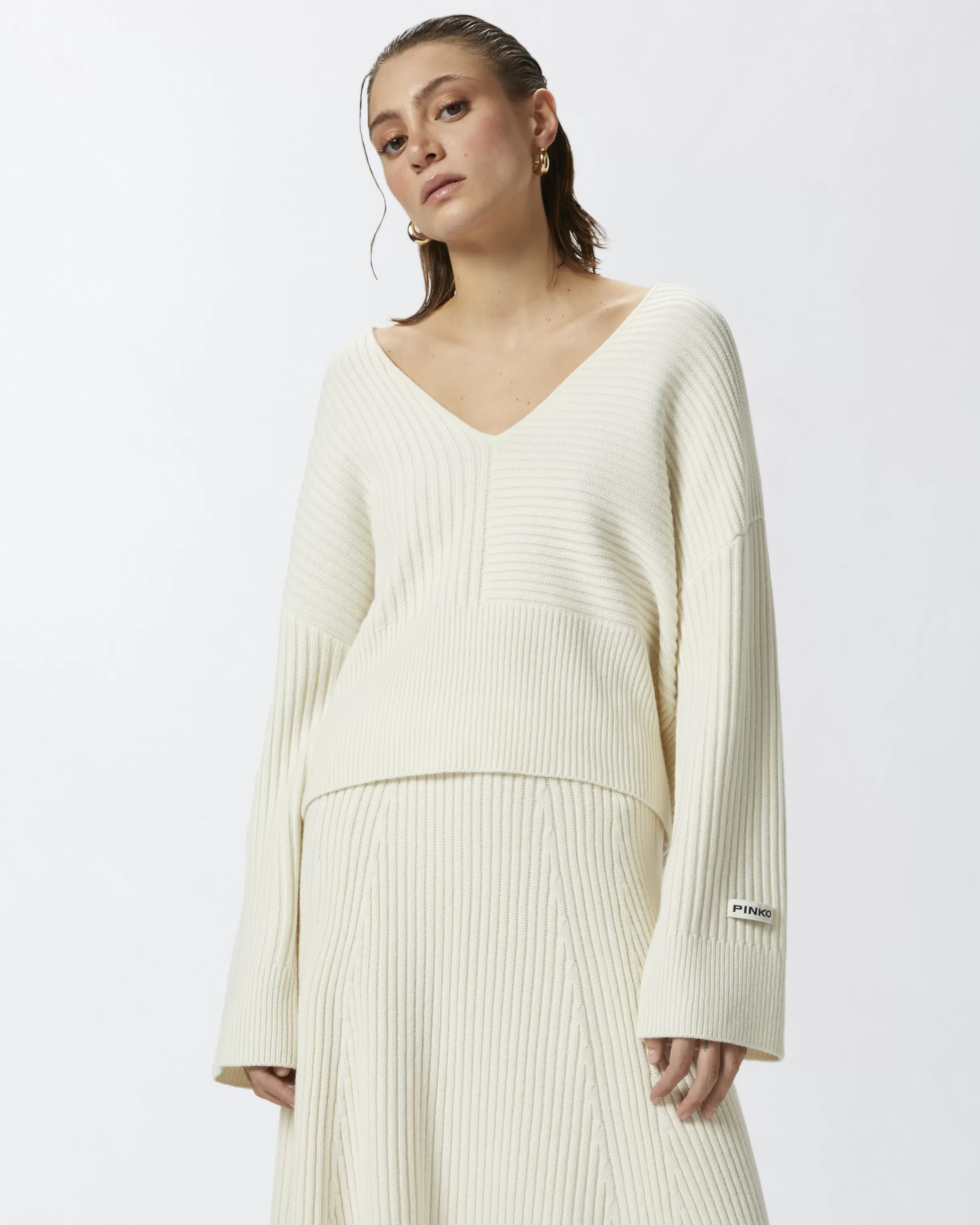 PINKO Wool and cashmere V-neck ribbed sweater